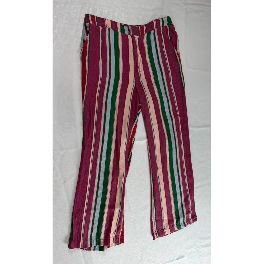 Free People Striped Wide Leg High Rise Pants Pink Green Multi OB1458351 Size 6